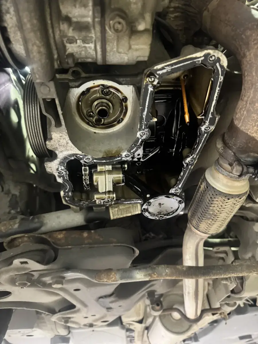 1.2 PureTech with the sump off, showing the oil pump drive and pickup strainer in place, Enviro Repair Royston