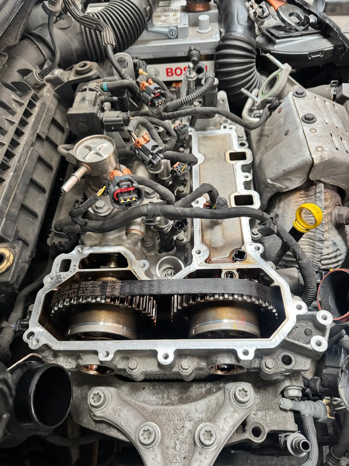 PureTech 1.2 engine with the cam cover off, showing the timing belt on both cam pulleys