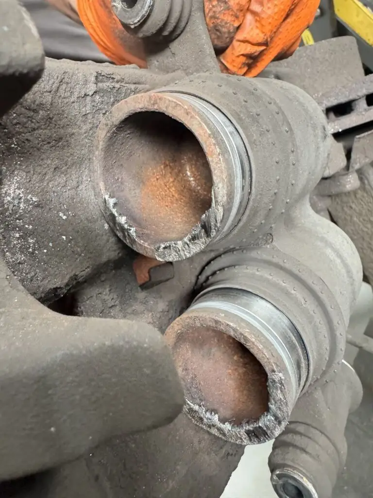 Badly corroded, seized brake caliper pistons found at our Royston workshop